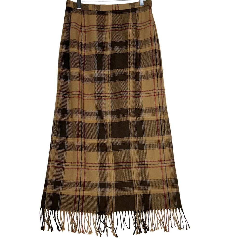 Requirements Plaid Fringe Skirt Womens 10 Brown Wool Blend Academia